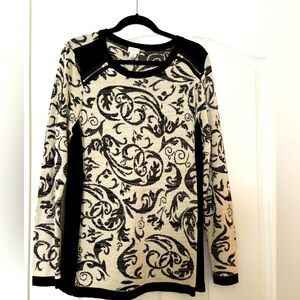 Chico’s black and off white sweater. Metallic thread throughout. Size Chico’s 3